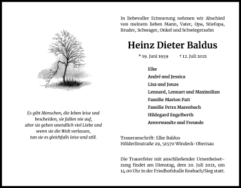 Anzeige von Heinz Dieter Baldus von Kölner Stadt-Anzeiger / Kölnische Rundschau / Express