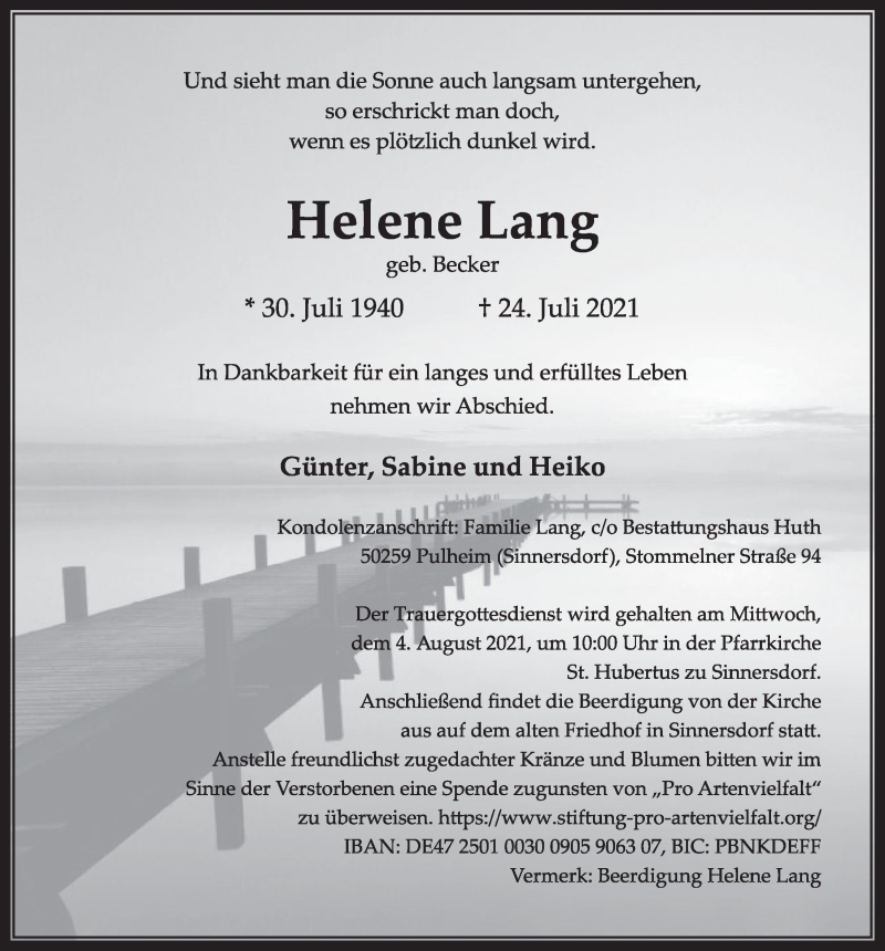  Traueranzeige für Helene Lang vom 30.07.2021 aus  Wochenende 
