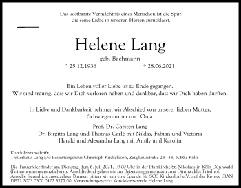 Anzeige von Helene Lang von Kölner Stadt-Anzeiger / Kölnische Rundschau / Express