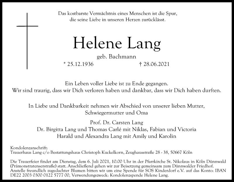  Traueranzeige für Helene Lang vom 03.07.2021 aus Kölner Stadt-Anzeiger / Kölnische Rundschau / Express