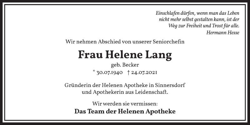  Traueranzeige für Helene Lang vom 30.07.2021 aus  Wochenende 