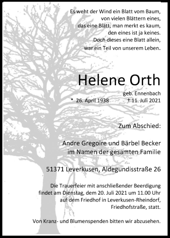 Anzeige von Helene Orth von Kölner Stadt-Anzeiger / Kölnische Rundschau / Express