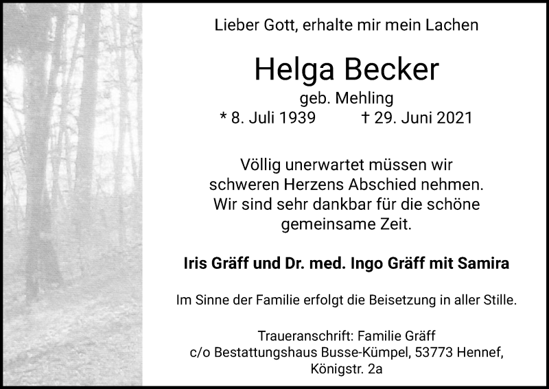  Traueranzeige für Helga Becker vom 03.07.2021 aus Kölner Stadt-Anzeiger / Kölnische Rundschau / Express