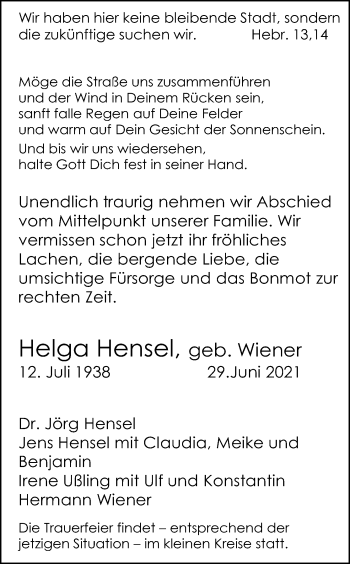Anzeige von Helga Hensel von Kölner Stadt-Anzeiger / Kölnische Rundschau / Express