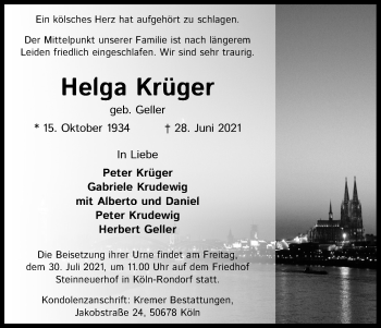 Anzeige von Helga Krüger von Kölner Stadt-Anzeiger / Kölnische Rundschau / Express