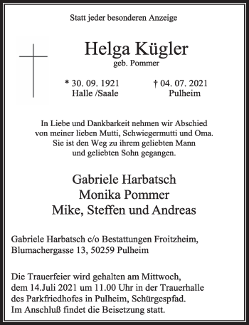 Anzeige von Helga Kügler von  Wochenende 