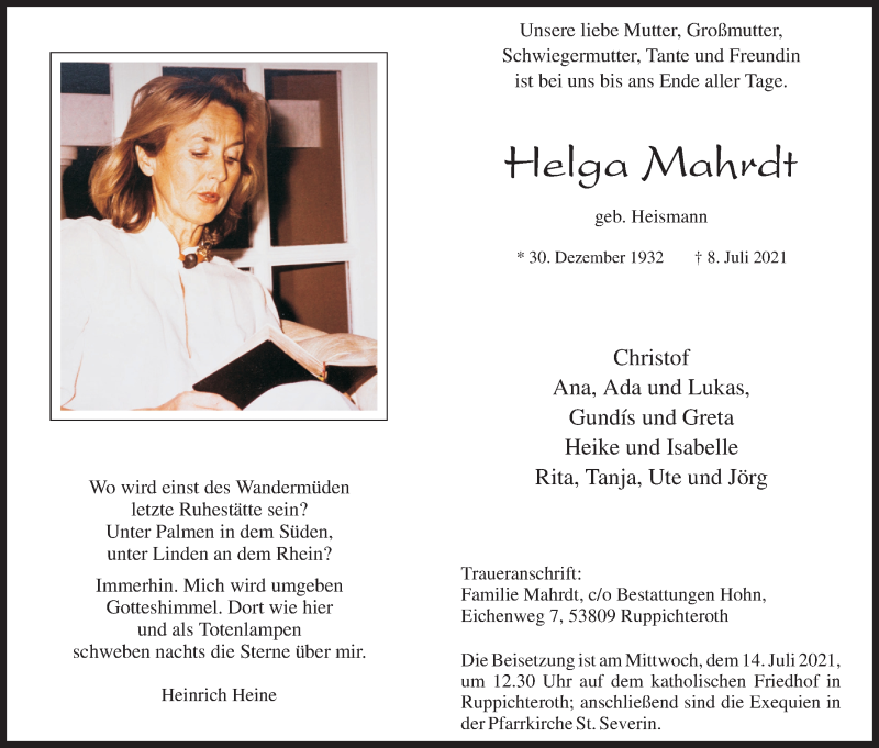  Traueranzeige für Helga Mahrdt vom 13.07.2021 aus Kölner Stadt-Anzeiger / Kölnische Rundschau / Express