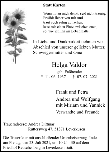 Anzeige von Helga Valdor von Kölner Stadt-Anzeiger / Kölnische Rundschau / Express
