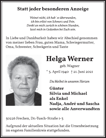 Anzeige von Helga Werner von  Wochenende 