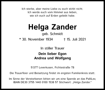 Anzeige von Helga Zander von Kölner Stadt-Anzeiger / Kölnische Rundschau / Express