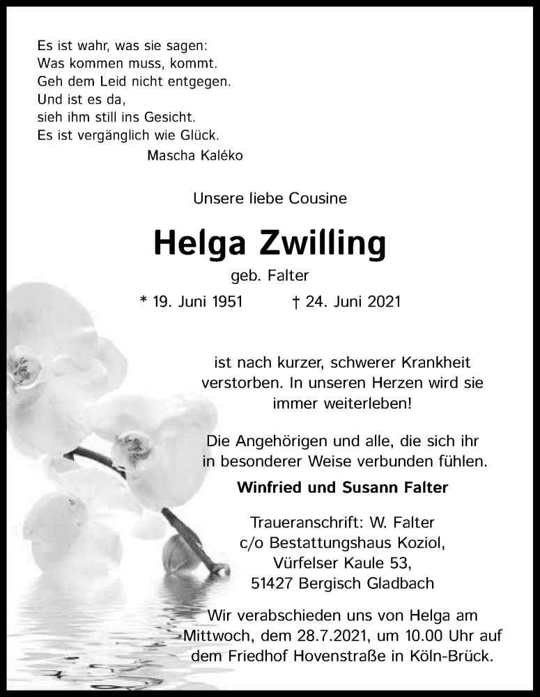  Traueranzeige für Helga Zwilling vom 17.07.2021 aus Kölner Stadt-Anzeiger / Kölnische Rundschau / Express