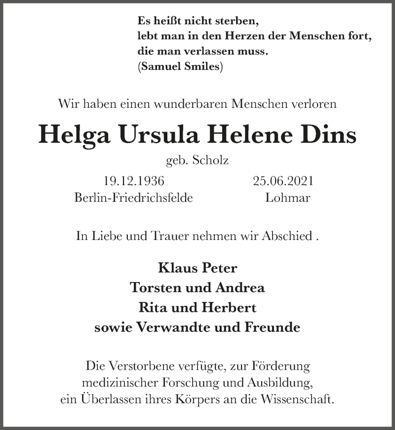  Traueranzeige für Helga Ursula Helene Dins vom 23.07.2021 aus  Extra Blatt 