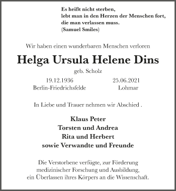 Anzeige von Helga Ursula Helene Dins von  Extra Blatt 
