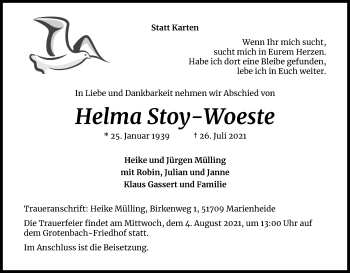 Anzeige von Helma Stoy-Woeste von Kölner Stadt-Anzeiger / Kölnische Rundschau / Express