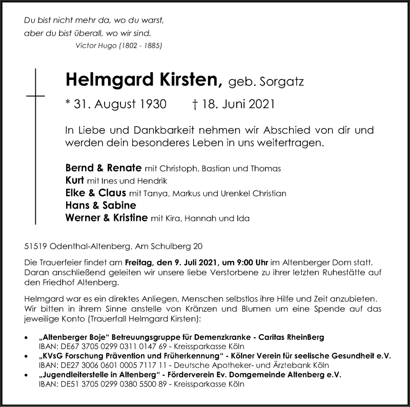  Traueranzeige für Helmgard Kirsten vom 03.07.2021 aus Kölner Stadt-Anzeiger / Kölnische Rundschau / Express