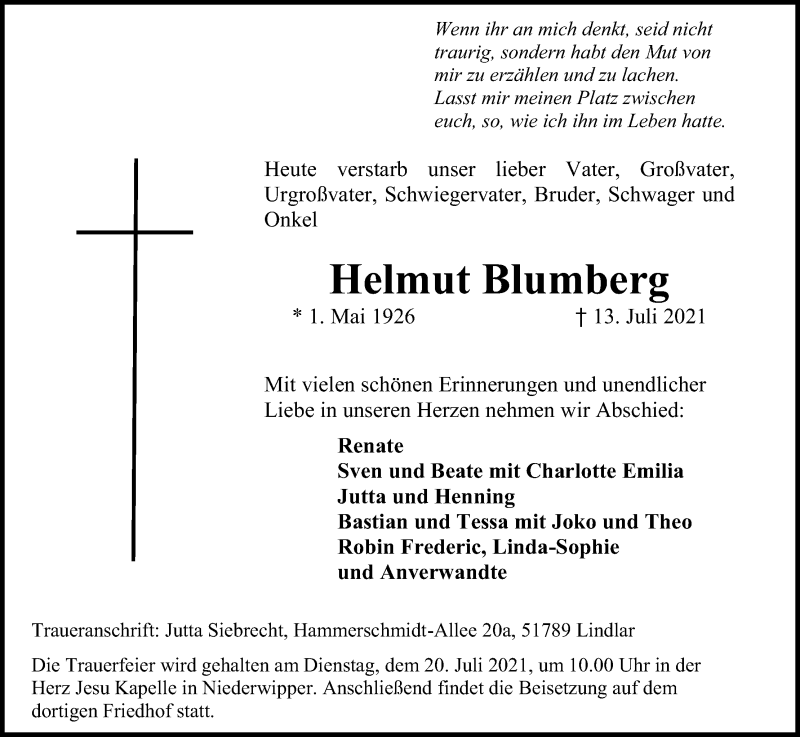  Traueranzeige für Helmut Blumberg vom 17.07.2021 aus Kölner Stadt-Anzeiger / Kölnische Rundschau / Express