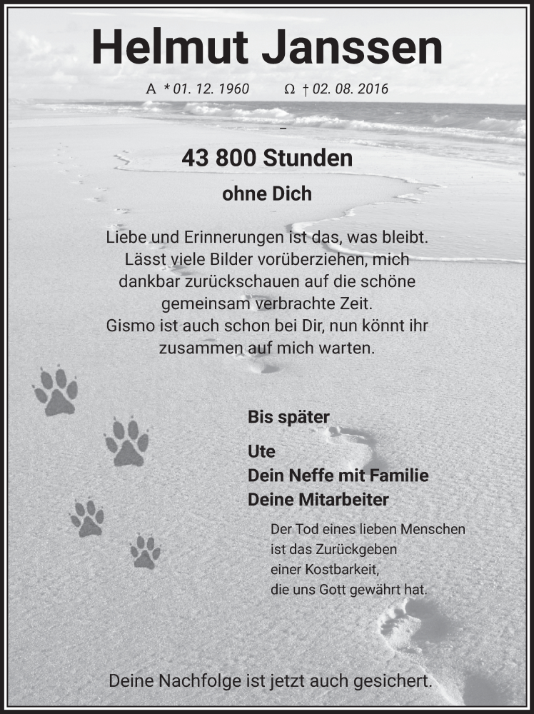  Traueranzeige für Helmut Janssen vom 30.07.2021 aus  Wochenende  Schlossbote/Werbekurier 