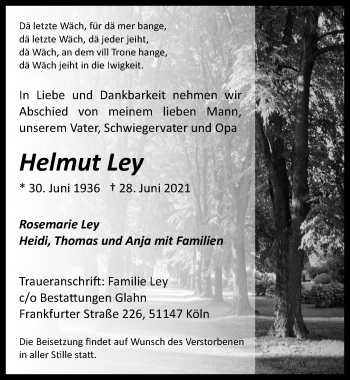 Anzeige von Helmut Ley von  Kölner Wochenspiegel 