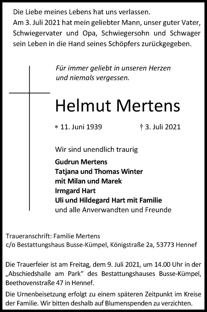  Traueranzeige für Helmut Mertens vom 07.07.2021 aus Kölner Stadt-Anzeiger / Kölnische Rundschau / Express