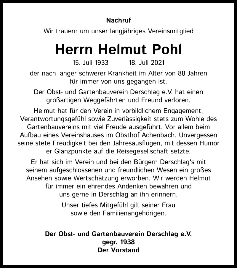  Traueranzeige für Helmut Pohl vom 28.07.2021 aus Kölner Stadt-Anzeiger / Kölnische Rundschau / Express