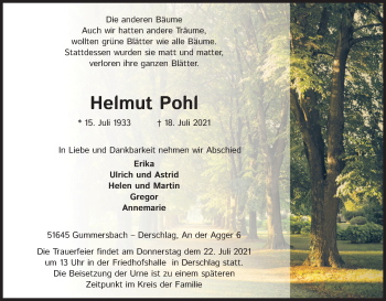 Anzeige von Helmut Pohl von Kölner Stadt-Anzeiger / Kölnische Rundschau / Express