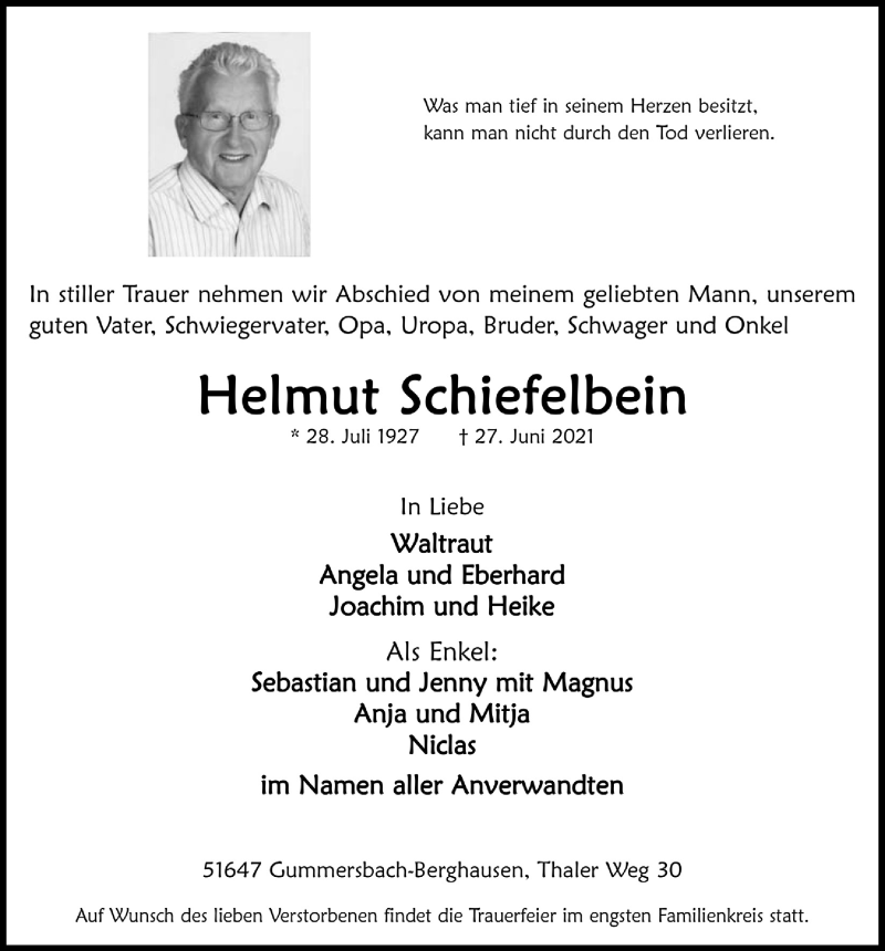  Traueranzeige für Helmut Schiefelbein vom 02.07.2021 aus  Anzeigen Echo 