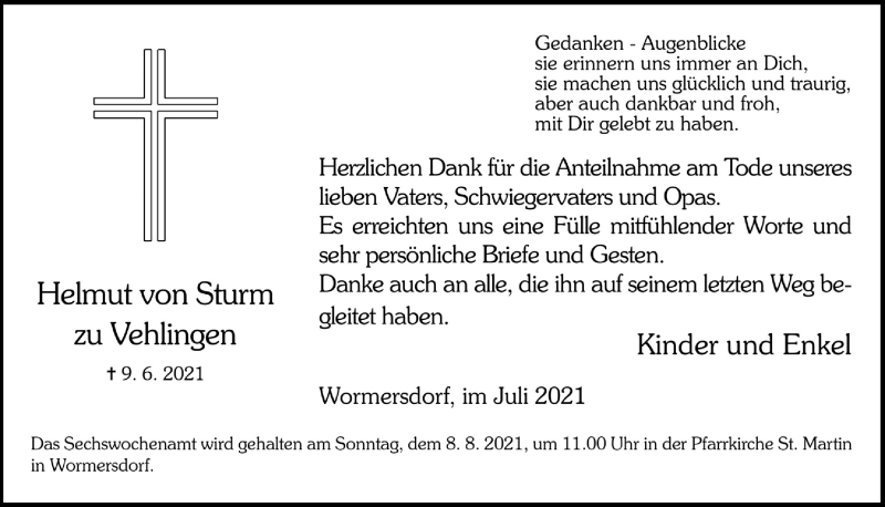  Traueranzeige für Helmut von Sturm zu Vehlingen vom 30.07.2021 aus  Schaufenster/Blickpunkt 