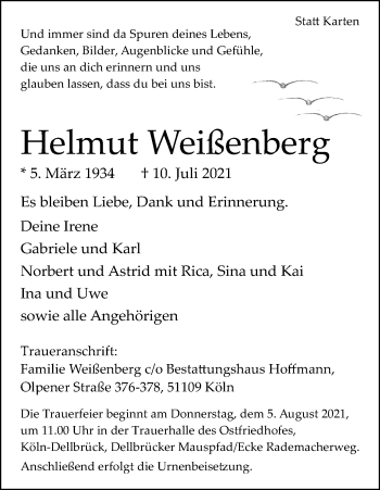 Anzeige von Helmut Weißenberg von Kölner Stadt-Anzeiger / Kölnische Rundschau / Express