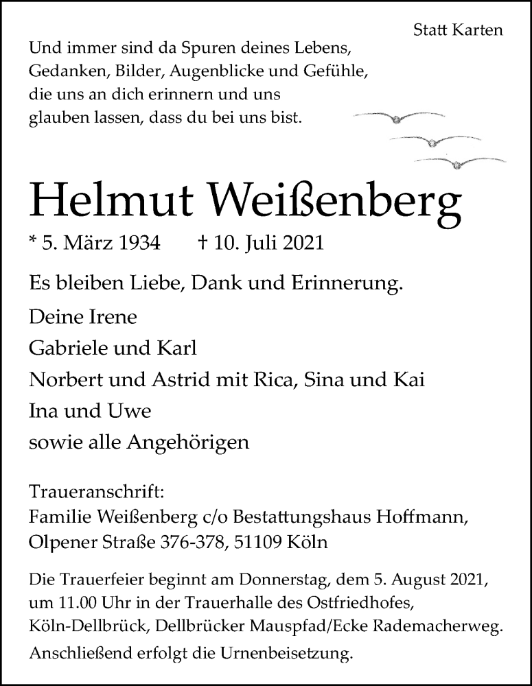  Traueranzeige für Helmut Weißenberg vom 31.07.2021 aus Kölner Stadt-Anzeiger / Kölnische Rundschau / Express