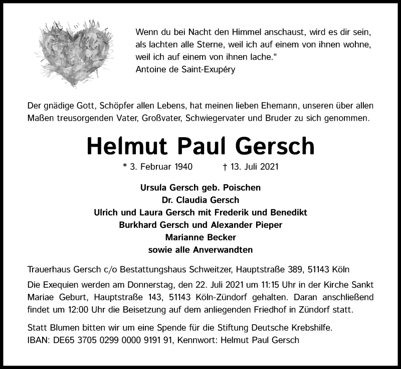  Traueranzeige für Helmut Paul Gersch vom 17.07.2021 aus Kölner Stadt-Anzeiger / Kölnische Rundschau / Express