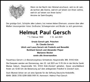 Anzeige von Helmut Paul Gersch von Kölner Stadt-Anzeiger / Kölnische Rundschau / Express