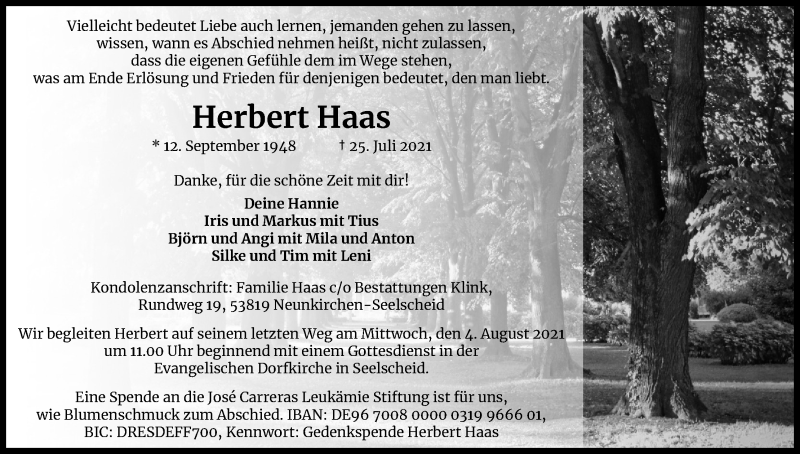  Traueranzeige für Herbert Haas vom 31.07.2021 aus Kölner Stadt-Anzeiger / Kölnische Rundschau / Express
