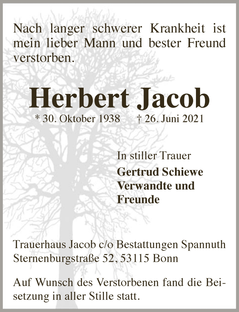  Traueranzeige für Herbert Jacob vom 16.07.2021 aus  Schaufenster/Blickpunkt 