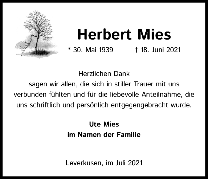  Traueranzeige für Herbert Mies vom 21.07.2021 aus Kölner Stadt-Anzeiger / Kölnische Rundschau / Express