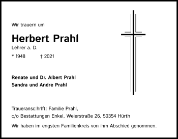 Anzeige von Herbert Prahl von Kölner Stadt-Anzeiger / Kölnische Rundschau / Express