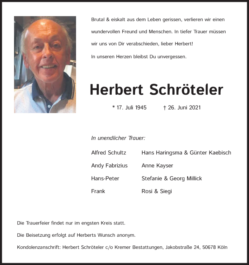  Traueranzeige für Herbert Schröteler vom 10.07.2021 aus Kölner Stadt-Anzeiger / Kölnische Rundschau / Express