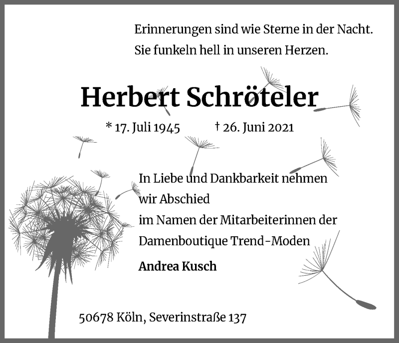  Traueranzeige für Herbert Schröteler vom 10.07.2021 aus Kölner Stadt-Anzeiger / Kölnische Rundschau / Express