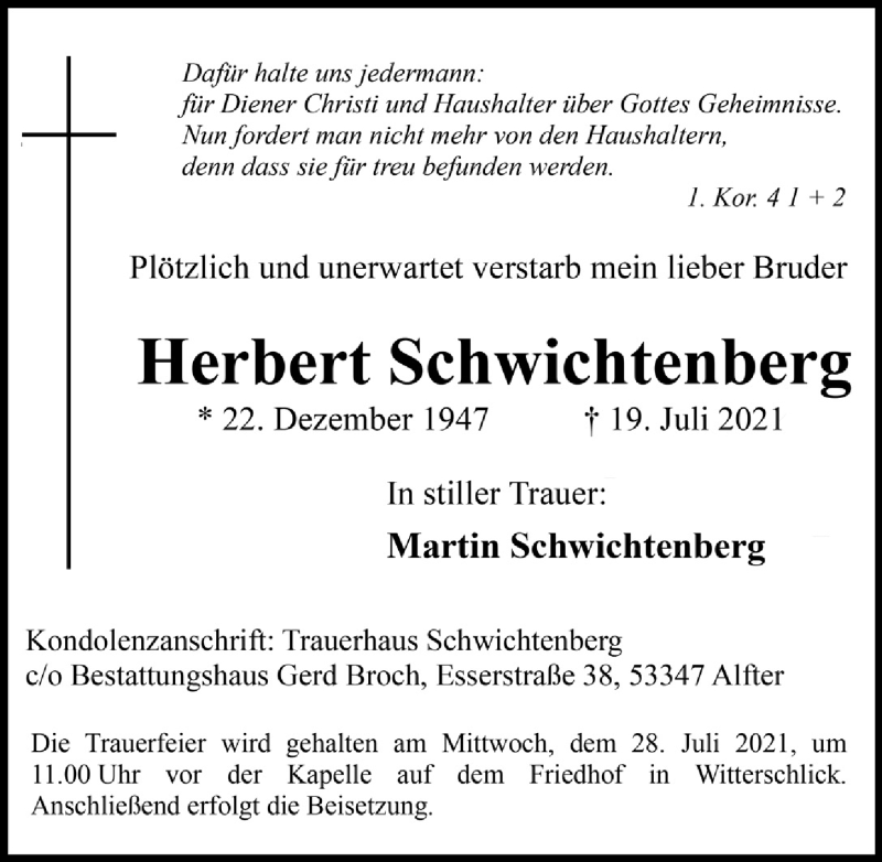  Traueranzeige für Herbert Schwichtenberg vom 23.07.2021 aus  Schaufenster/Blickpunkt 