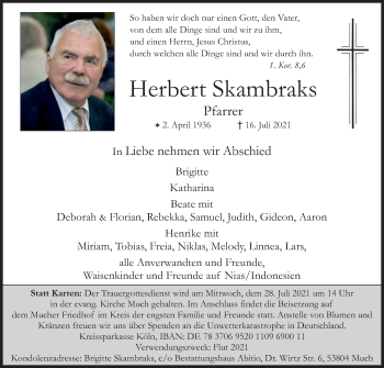 Anzeige von Herbert Skambraks von Kölner Stadt-Anzeiger / Kölnische Rundschau / Express
