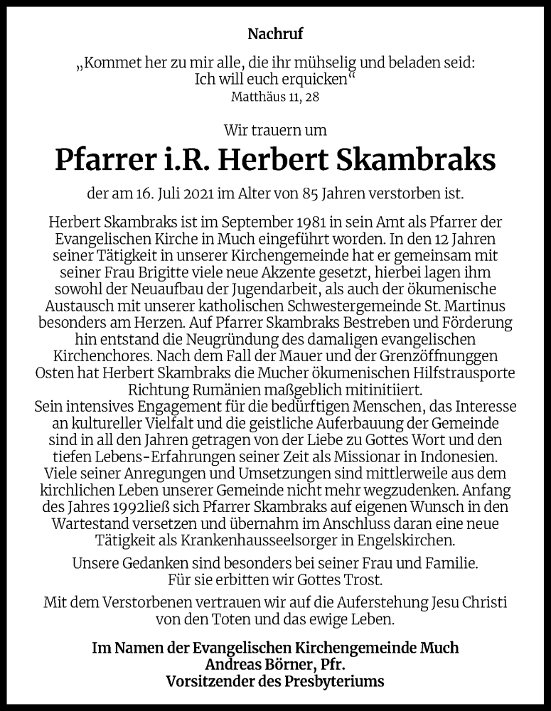  Traueranzeige für Herbert Skambraks vom 30.07.2021 aus Kölner Stadt-Anzeiger / Kölnische Rundschau / Express
