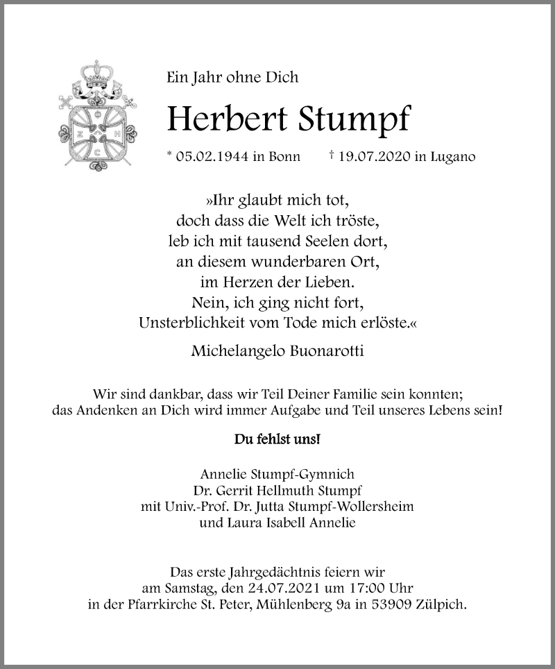  Traueranzeige für Herbert Stumpf vom 17.07.2021 aus Kölner Stadt-Anzeiger / Kölnische Rundschau / Express
