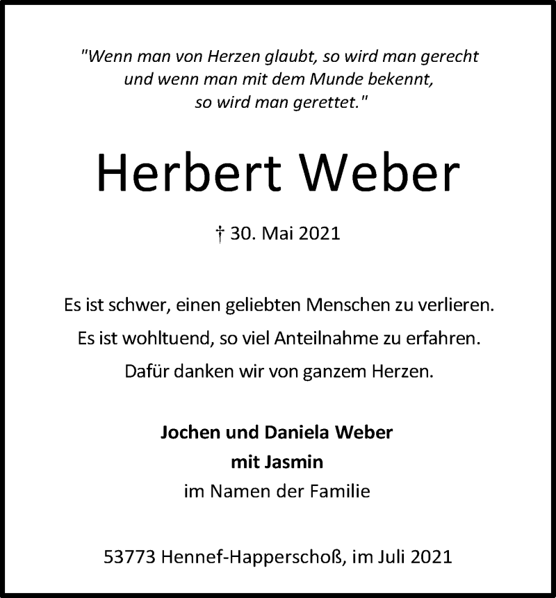 Traueranzeige für Herbert Weber vom 03.07.2021 aus Kölner Stadt-Anzeiger / Kölnische Rundschau / Express