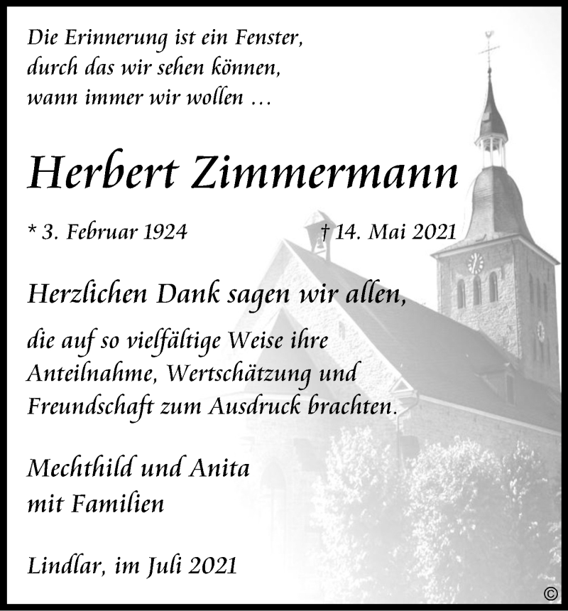  Traueranzeige für Herbert Zimmermann vom 17.07.2021 aus Kölner Stadt-Anzeiger / Kölnische Rundschau / Express