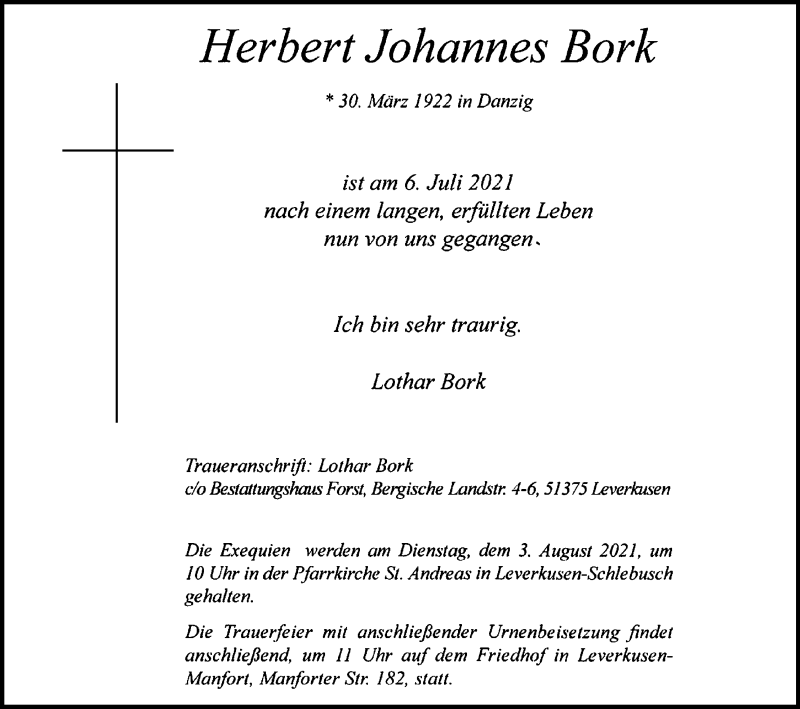  Traueranzeige für Herbert Johannes Bork vom 17.07.2021 aus Kölner Stadt-Anzeiger / Kölnische Rundschau / Express