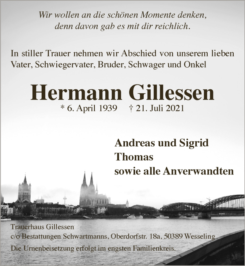  Traueranzeige für Hermann Gillessen vom 30.07.2021 aus  Kölner Wochenspiegel 