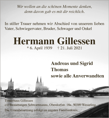 Anzeige von Hermann Gillessen von  Kölner Wochenspiegel 