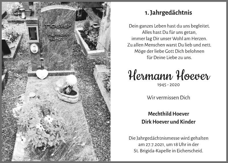  Traueranzeige für Hermann Hoever vom 24.07.2021 aus  Blickpunkt Euskirchen 