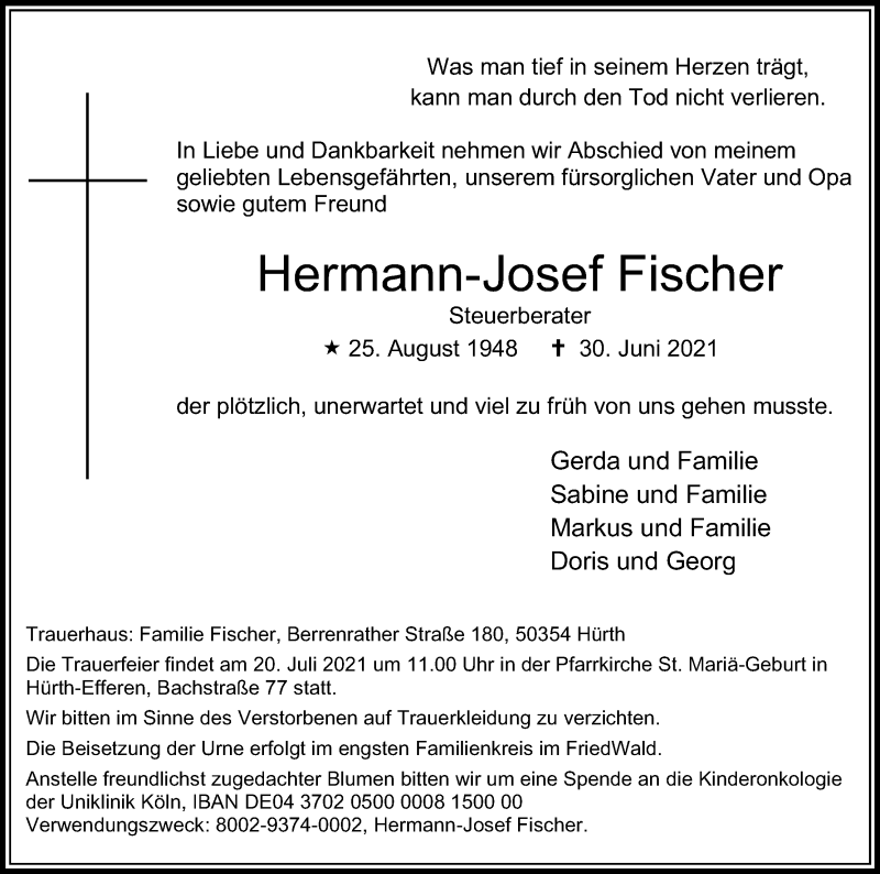  Traueranzeige für Hermann-Josef Fischer vom 10.07.2021 aus Kölner Stadt-Anzeiger / Kölnische Rundschau / Express