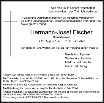Anzeige von Hermann-Josef Fischer von Kölner Stadt-Anzeiger / Kölnische Rundschau / Express