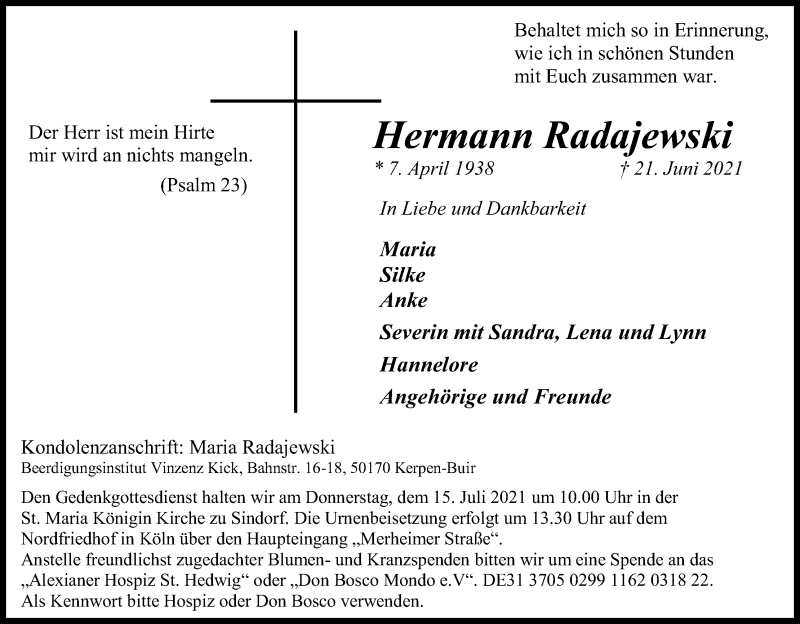  Traueranzeige für Hermann Radajewski vom 10.07.2021 aus Kölner Stadt-Anzeiger / Kölnische Rundschau / Express